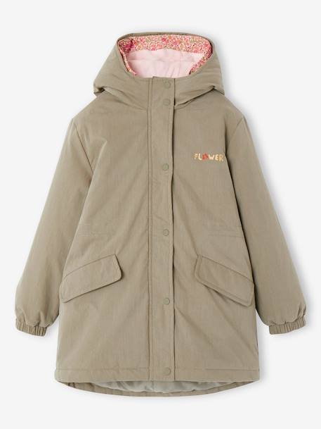 Parka 3 em 1 com capuz e corta-vento às flores amovível, para menina caqui+rosa 