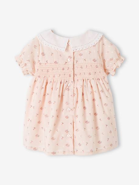 Vestido aos favos, gola em bordado inglês, para recém-nascido rosa-pálido 