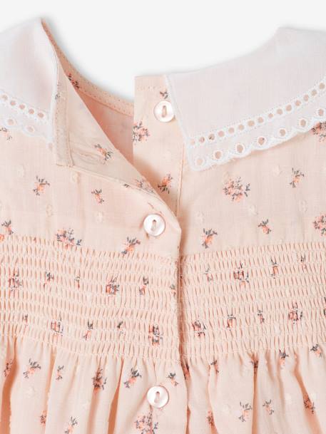 Vestido aos favos, gola em bordado inglês, para recém-nascido rosa-pálido 