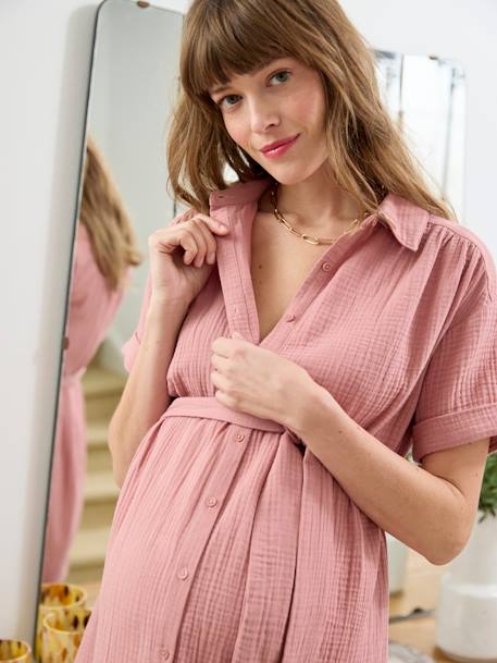 Vestido curto estilo camisa, em gaze de algodão, especial gravidez e amamentação rosa-velho 