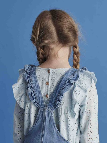 Blusa com folhos em bordado inglês, para menina azul-céu+coral+cru 