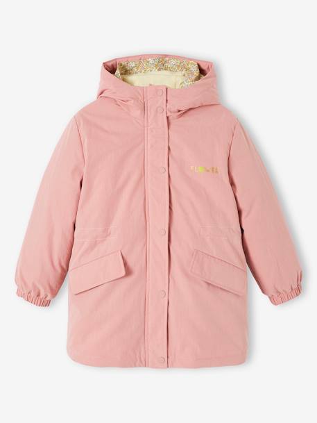 Parka 3 em 1 com capuz e corta-vento às flores amovível, para menina caqui+rosa 