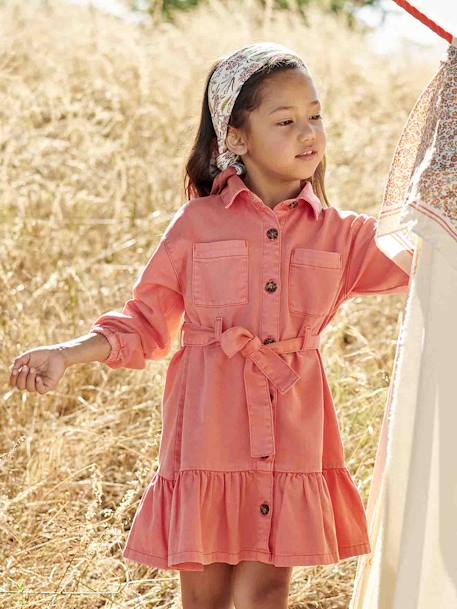 Vestido estilo camisa, com folhos, para menina coral 