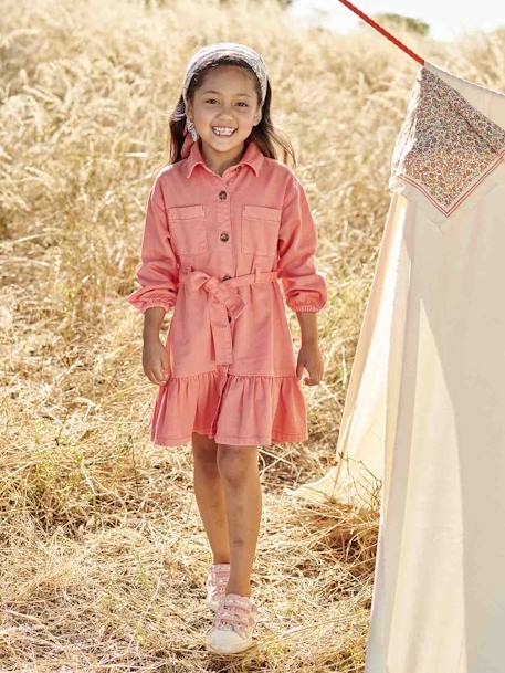 Vestido estilo camisa, com folhos, para menina coral 