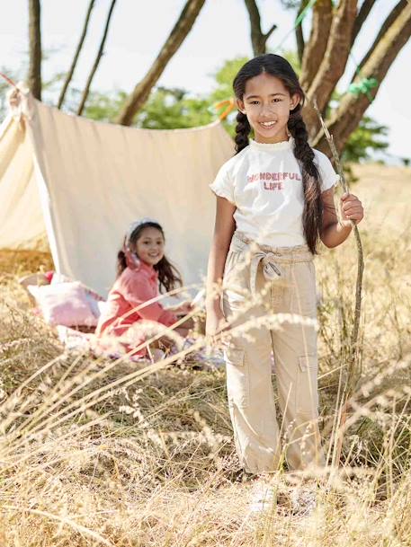 Calças cargo para menina em matéria fluida bege-areia+rosa-velho 