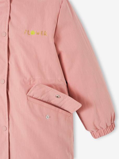 Parka 3 em 1 com capuz e corta-vento às flores amovível, para menina caqui+rosa 