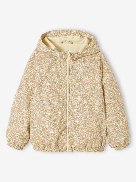 Parka 3 em 1 com capuz e corta-vento às flores amovível, para menina caqui+rosa 