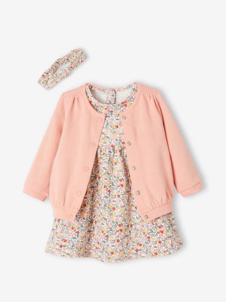 Conjunto de 3 peças, vestido + casaco + fita para o cabelo, para bebé menina BRANCO CLARO ESTAMPADO+coral 