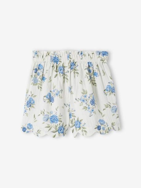 Calções com acabamentos ondulados, em gaze de algodão, para menina azul+azul estampado+rosa-nude 