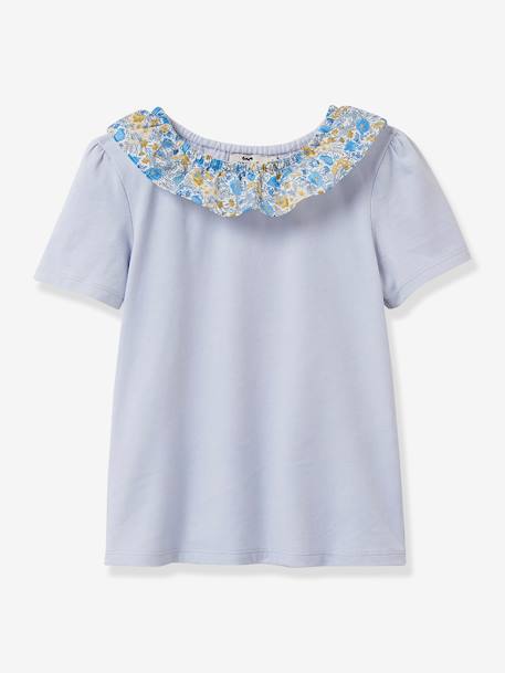 T-shirt da CYRILLUS, gola em tecido Liberty, algodão biológico, para menina azul-acinzentado 