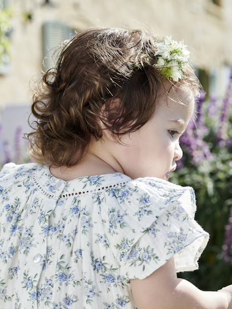 Vestido florido de cerimónia, em gaze de algodão, para bebé cru 