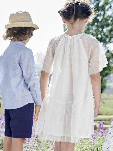 Conjunto de cerimónia, camisa com gola Mao e calções, para menino riscas azuis 