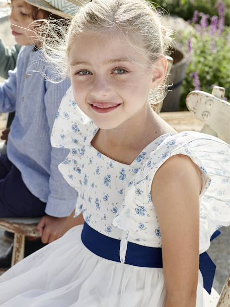 Vestido de cerimónia com folhos, para menina azul estampado+estampado rosa 