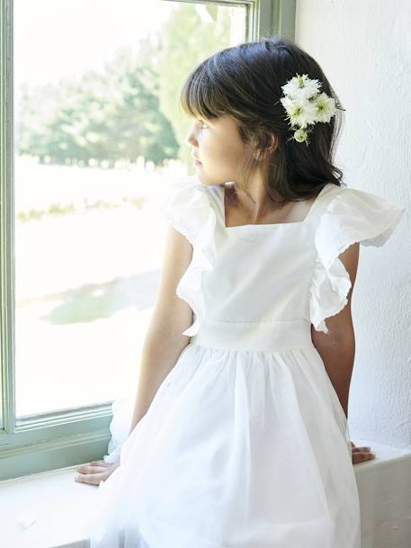 Vestido de cerimónia com folhos, em gaze de algodão e tule, para menina cru 