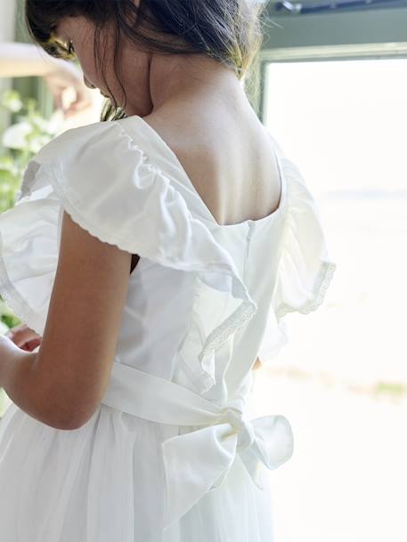 Vestido de cerimónia com folhos, em gaze de algodão e tule, para menina cru 