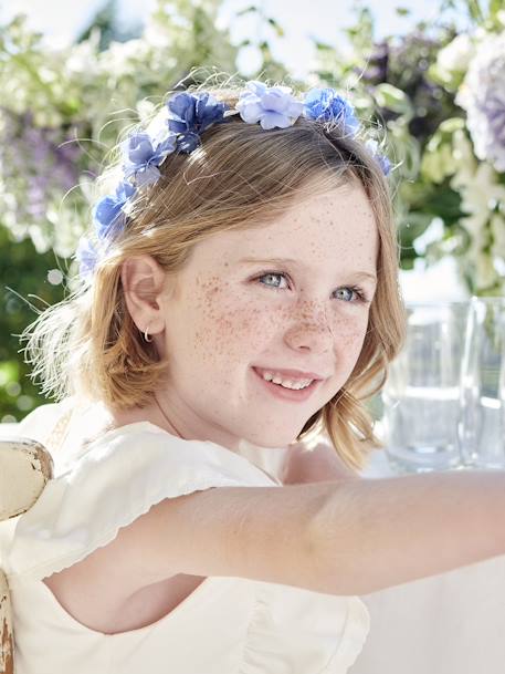 Coroa de flores azuis e folhas douradas, para menina azul 