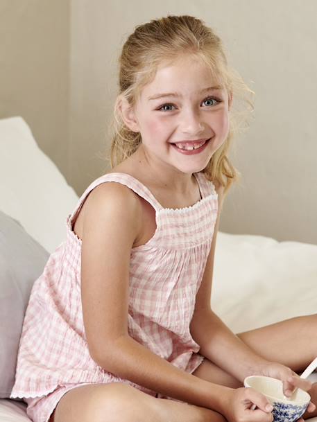 Pijama vichy em seersucker, para menina rosa 