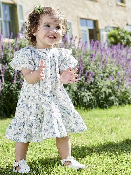 Vestido florido de cerimónia, em gaze de algodão, para bebé cru 