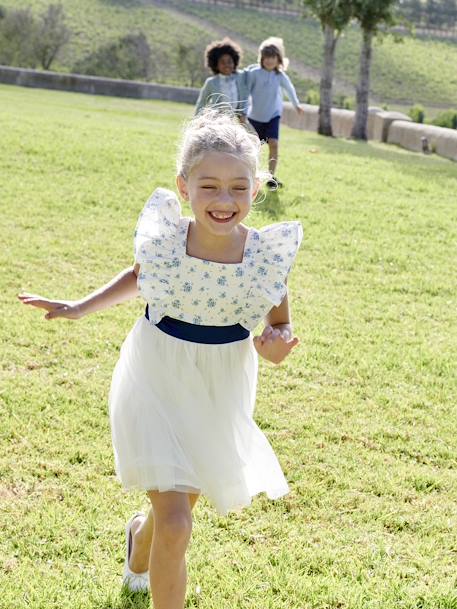 Vestido de cerimónia com folhos, para menina azul estampado+estampado rosa 