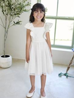 -Vestido de cerimónia com folhos, em gaze de algodão e tule, para menina