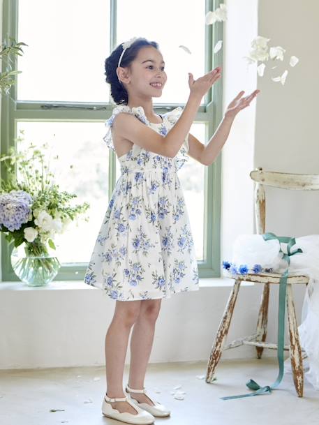 Vestido de cerimónia com folhos, às flores, para menina azul estampado+baunilha 