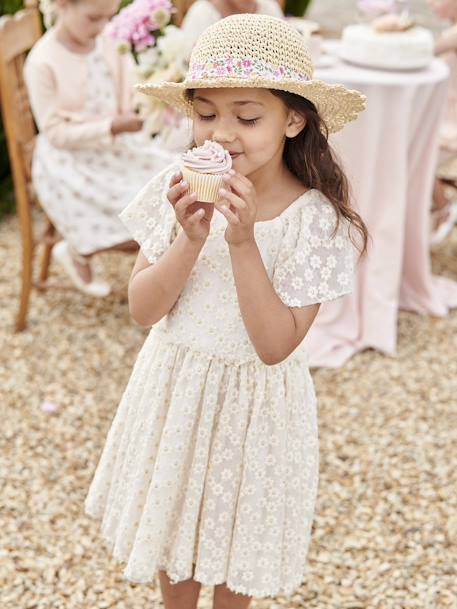 Vestido de cerimónia em tule, flores bordadas, para menina baunilha 