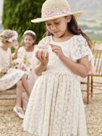 Vestido de cerimónia em tule, flores bordadas, para menina baunilha 