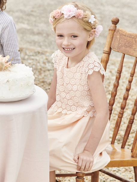 Vestido de cerimónia efeito 2 em 1 com sobreposição em macramé, para menina BRANCO CLARO LISO+rosa-nude 