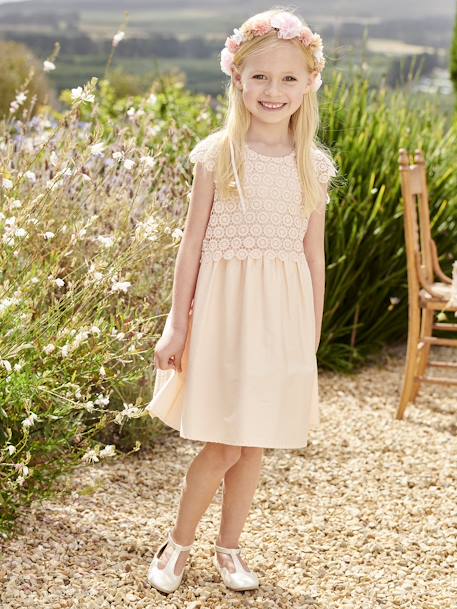 Vestido de cerimónia efeito 2 em 1 com sobreposição em macramé, para menina BRANCO CLARO LISO+rosa-nude 