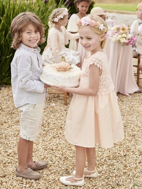 Vestido de cerimónia efeito 2 em 1 com sobreposição em macramé, para menina BRANCO CLARO LISO+rosa-nude 