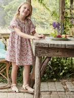 Vestido às flores, mangas borboleta com folhos, para menina rosa 