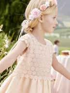 Vestido de cerimónia efeito 2 em 1 com sobreposição em macramé, para menina BRANCO CLARO LISO+rosa-nude 