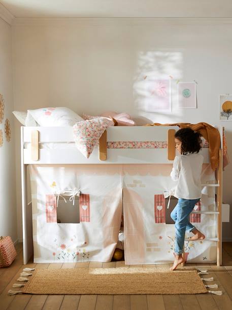 Tenda de cama Cavaleiro, para cama mezanino de altura média, Everest branco estampado 