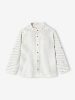 Menino 2-14 anos-Camisa com gola Mao, às riscas, em algodão/linho, mangas para dobrar, para menino