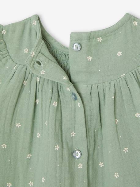 Conjunto em gaze de algodão: vestido + calções bloomer + fita de cabelo, para bebé verde-salva 