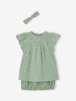 Bebé 0-36 meses-Conjuntos-Conjunto em gaze de algodão: vestido + calções bloomer + fita de cabelo, para bebé