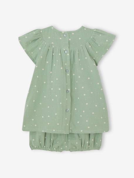 Conjunto em gaze de algodão: vestido + calções bloomer + fita de cabelo, para bebé verde-salva 