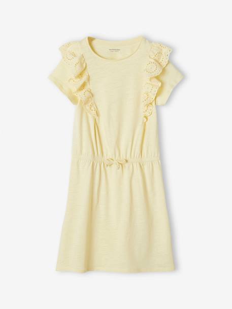 Vestido com folhos em bordado inglês, para menina amarelo-pálido+marinho+verde-acinzentado 