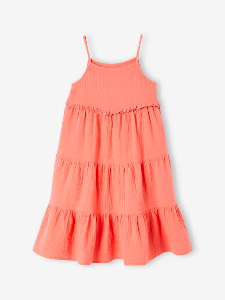 Vestido comprido de alças, em gaze de algodão, para menina azul-petróleo+coral+cru+laranja estampado 