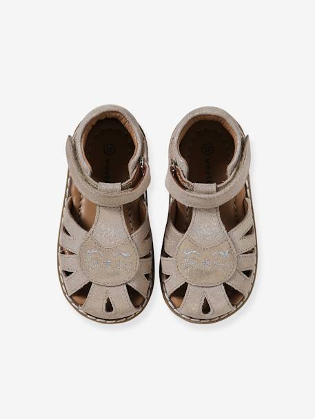 Sandálias fechadas, com barra autoaderente, em pele, para bebé caju+dourado+marinho 
