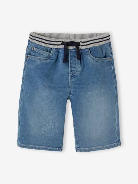 Bermudas fáceis de vestir, em moletão efeito ganga, para menino double stone+ganga cinzenta+stone 