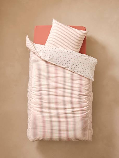 Conjunto capa de edredon + fronha de almofada essentiels, com algodão reciclado, Flores & Riscas estampado rosa 