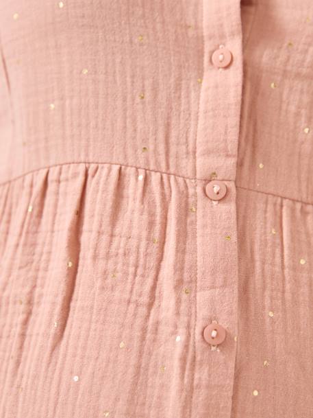 Blusa em gaze de algodão, com bolinhas irisadas, especial gravidez e amamentação rosado 
