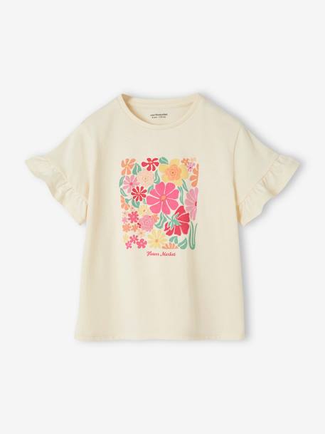 T-shirt com flores fantasia em crochet, mangas com folhos, para menina cru 