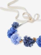 Coroa de flores azuis e folhas douradas, para menina azul 