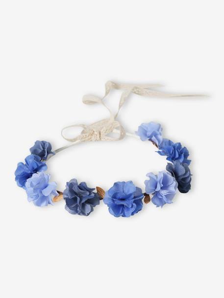 Coroa de flores azuis e folhas douradas, para menina azul 