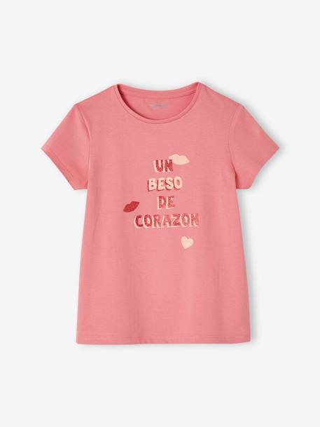 T-shirt com mensagem, para menina azul-céu+baunilha+coral+marinho+morango+rosa-bombom+verde-abeto+vermelho 