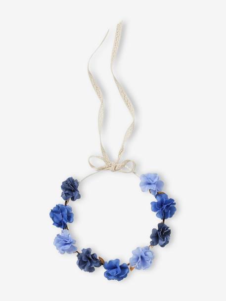 Coroa de flores azuis e folhas douradas, para menina azul 