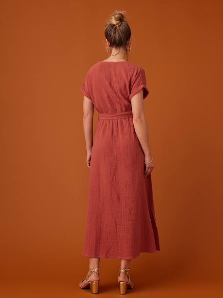 Vestido comprido em gaze de algodão, para grávida, da ENVIE DE FRAISE marinho+terracota 