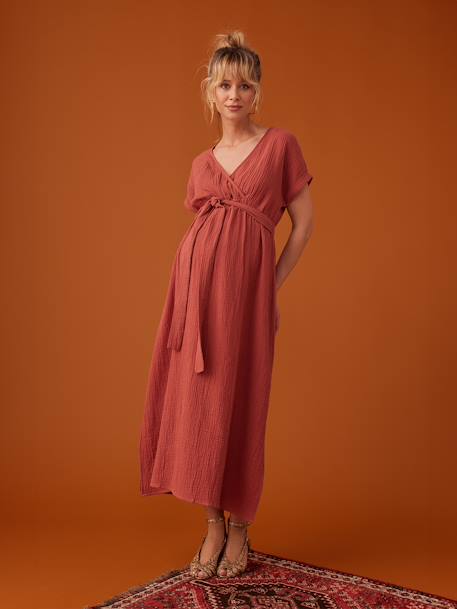 Vestido comprido em gaze de algodão, para grávida, da ENVIE DE FRAISE marinho+terracota 